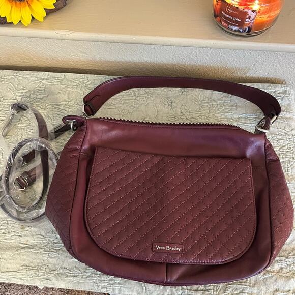 Vera Bradley Leather Carson Shoulder Bag In Mulled Wine Quilted NWOT - Picture 1 of 14